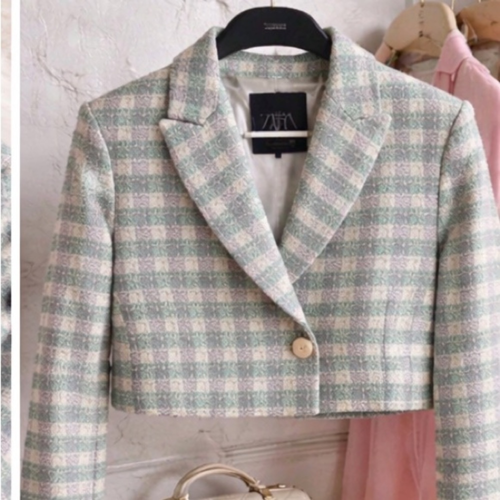 ZARA Cropped Tweed Plaid Blazer Jacket XS — Sage Mint Lilac Chanel-Style